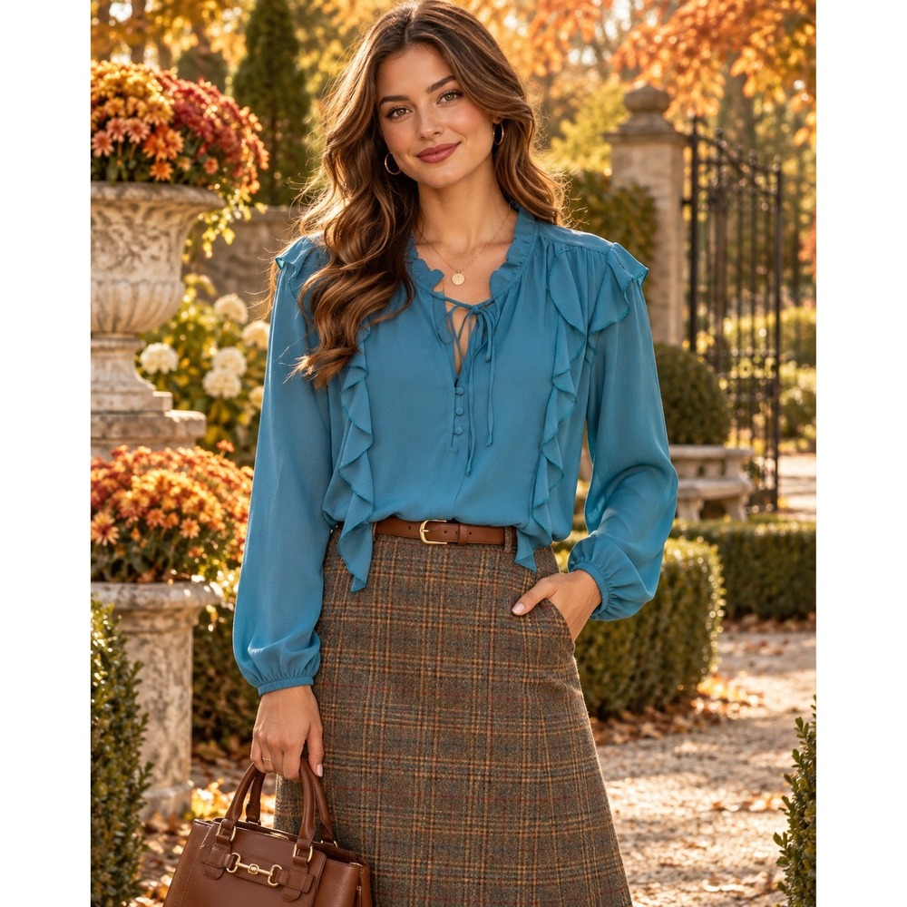 Loft Teal Blue Ruffle Front Tie Neck Long Sleeve Blouse Small